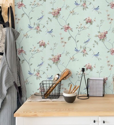 Papel pintado pájaros y flores estilo romántico Villa Elena 121383