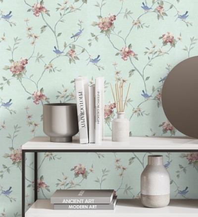 Papel pintado pájaros y flores estilo romántico Villa Elena 121383
