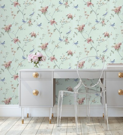 Papel pintado pájaros y flores estilo romántico Villa Elena 121383