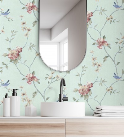 Papel pintado pájaros y flores estilo romántico Villa Elena 121383