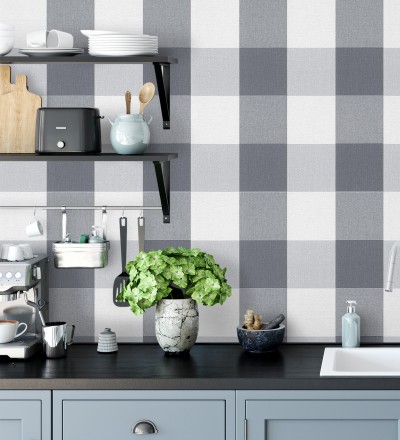 Papel pintado cuadros escoceses tonos grises y blanco estilo inglés Connor 451842