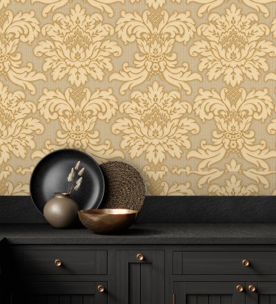 Papel pintado damasco beige fondo dorado metalizado Silvio Leone 122373