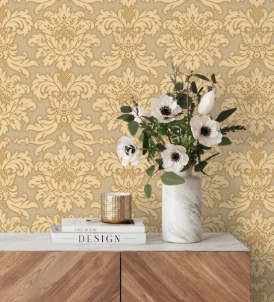 Papel pintado damasco beige fondo dorado metalizado Silvio Leone 122373