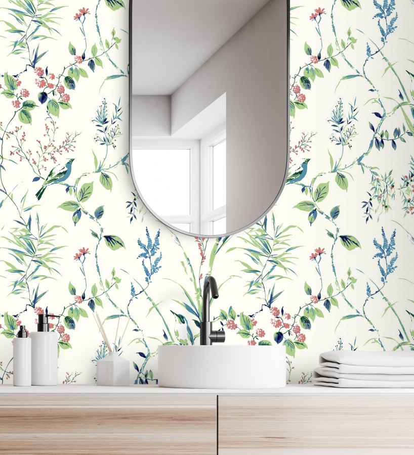 Papel pintado de ramas flores y pájaros color tropical fondo blanco  Alison Garden 680951