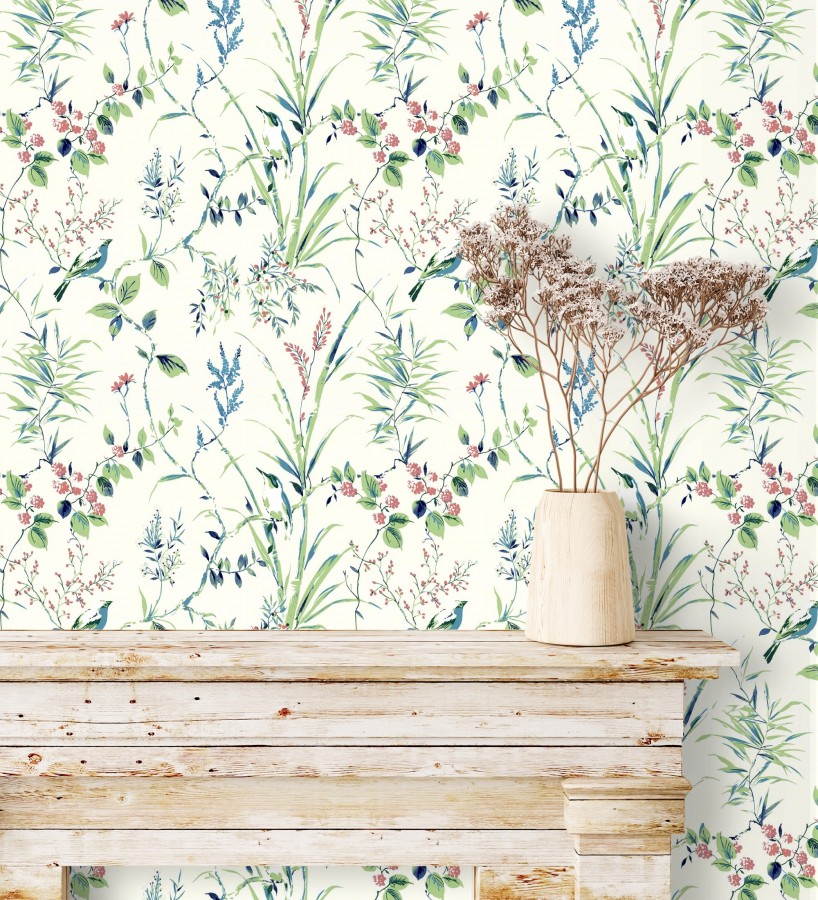 Papel pintado de ramas flores y pájaros color tropical fondo blanco  Alison Garden 680951