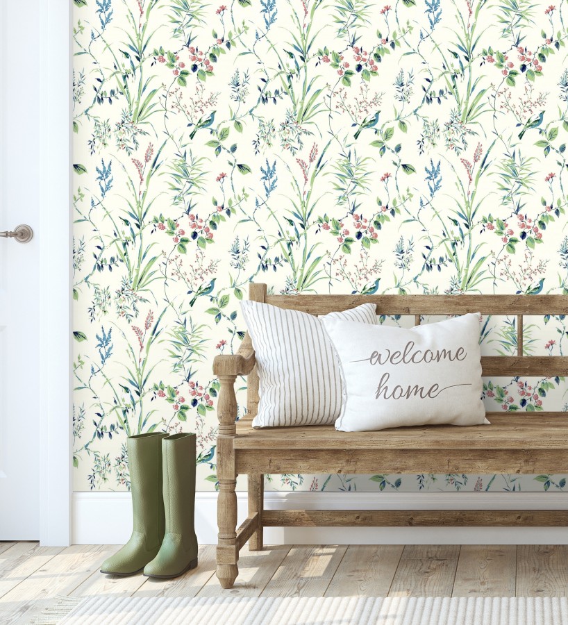 Papel pintado de ramas flores y pájaros color tropical fondo blanco  Alison Garden 680951