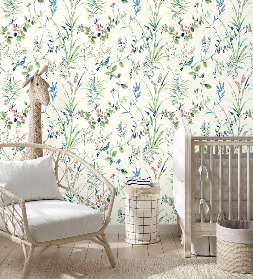 Papel pintado de ramas flores y pájaros color tropical fondo blanco  Alison Garden 680951