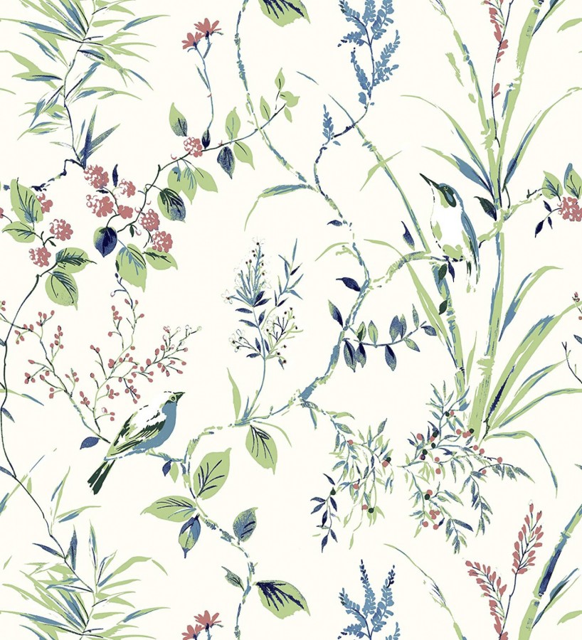 Papel pintado de ramas flores y pájaros color tropical fondo blanco  Alison Garden 680951