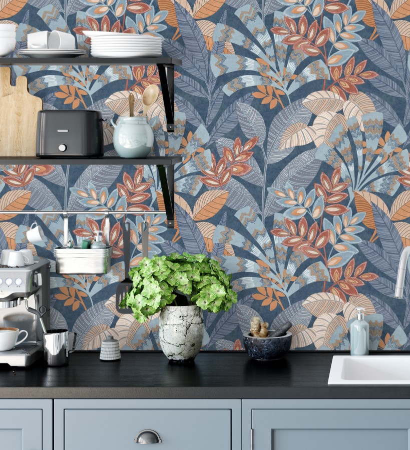 Papel pintado de hojas étnicas fondo azul con texturas estilo tropical  Aruba Palm 682000