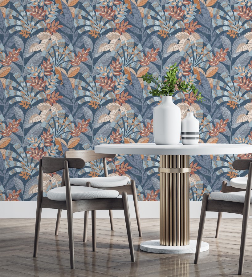 Papel pintado de hojas étnicas fondo azul con texturas estilo tropical  Aruba Palm 682000