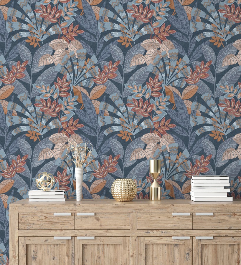 Papel pintado de hojas étnicas fondo azul con texturas estilo tropical  Aruba Palm 682000