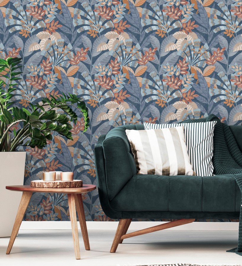 Papel pintado de hojas étnicas fondo azul con texturas estilo tropical  Aruba Palm 682000