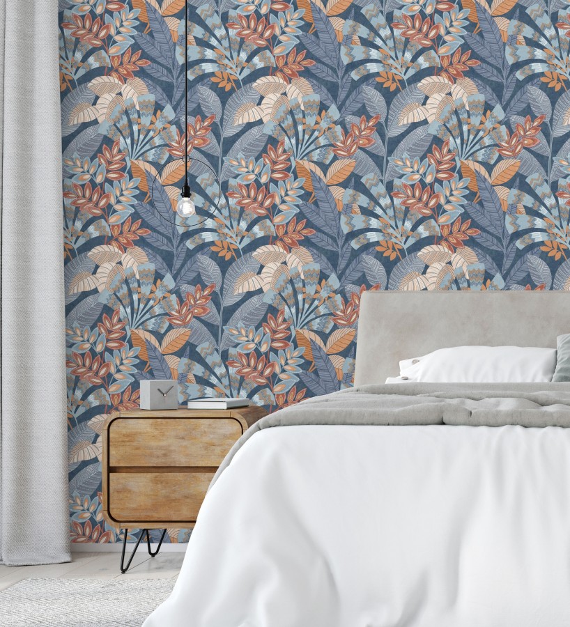 Papel pintado de hojas étnicas fondo azul con texturas estilo tropical  Aruba Palm 682000