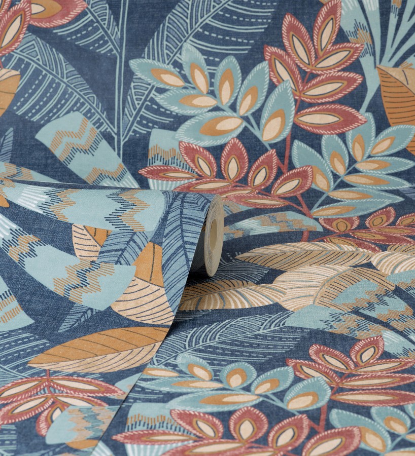 Papel pintado de hojas étnicas fondo azul con texturas estilo tropical  Aruba Palm 682000