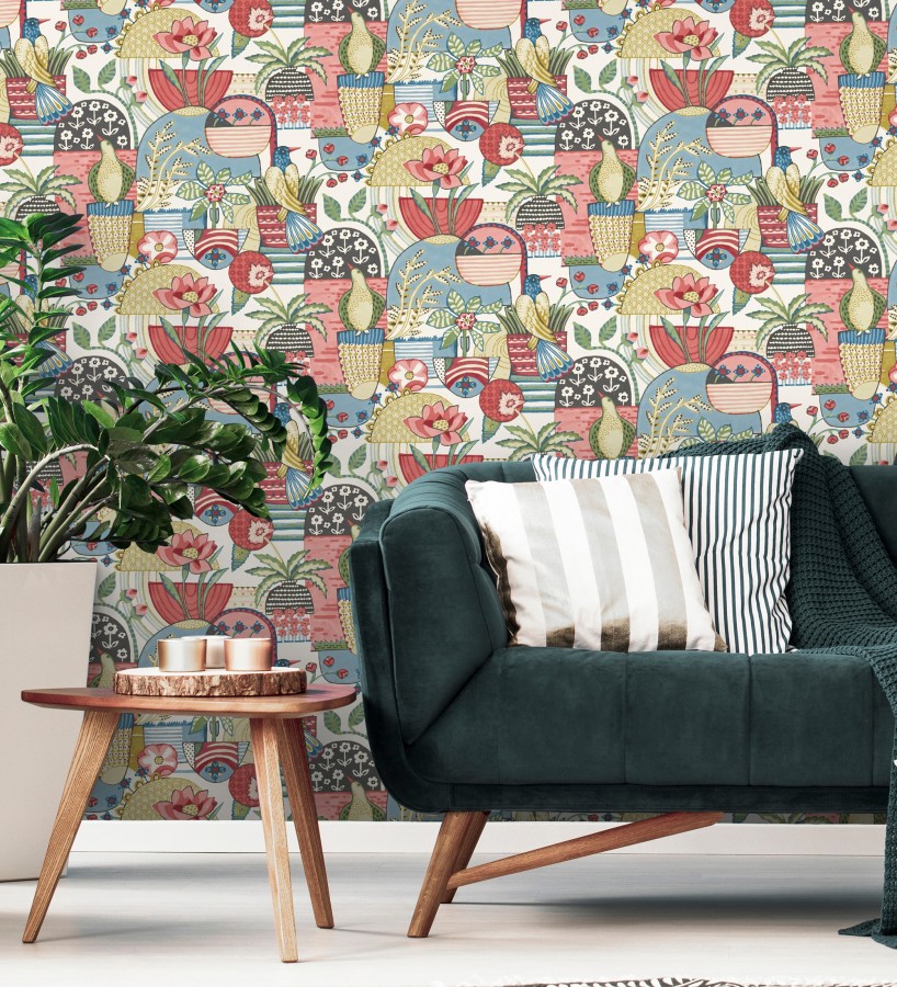 Papel pintado maceta de plantas y flores con pájaros multicolor diseño patchwork  Dafne 682094