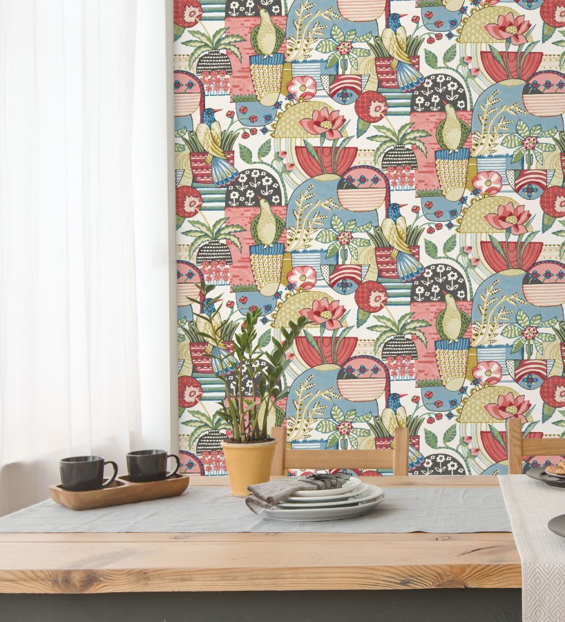 Papel pintado maceta de plantas y flores con pájaros multicolor diseño patchwork  Dafne 682094