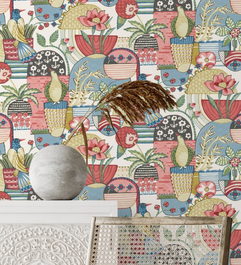 Papel pintado maceta de plantas y flores con pájaros multicolor diseño patchwork  Dafne 682094