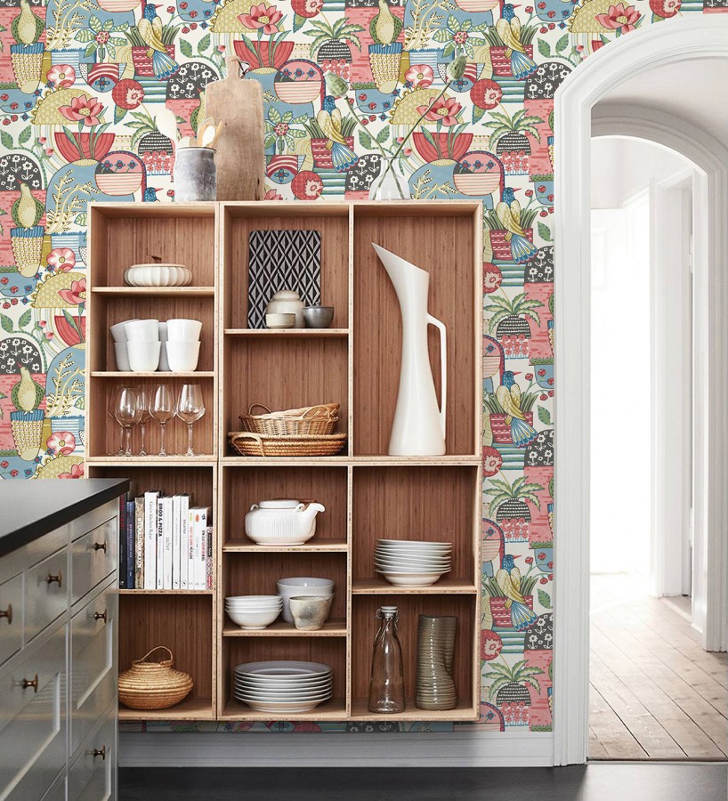 Papel pintado maceta de plantas y flores con pájaros multicolor diseño patchwork  Dafne 682094