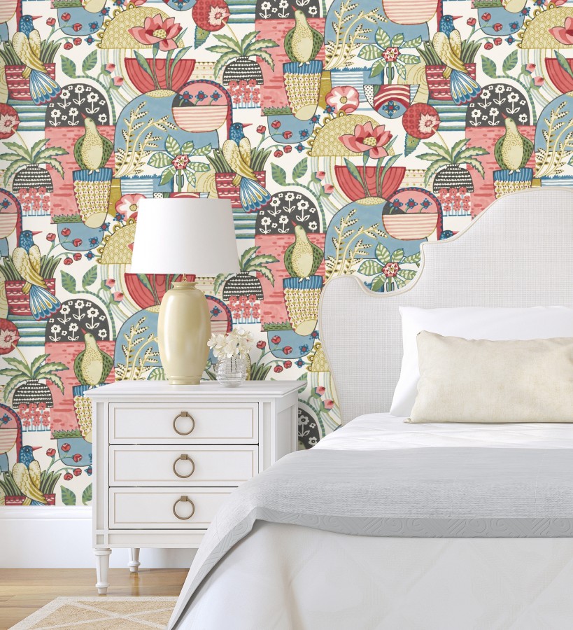 Papel pintado maceta de plantas y flores con pájaros multicolor diseño patchwork  Dafne 682094