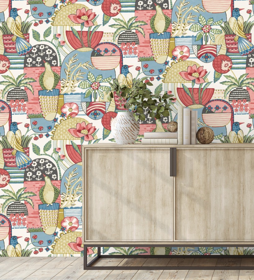 Papel pintado maceta de plantas y flores con pájaros multicolor diseño patchwork  Dafne 682094