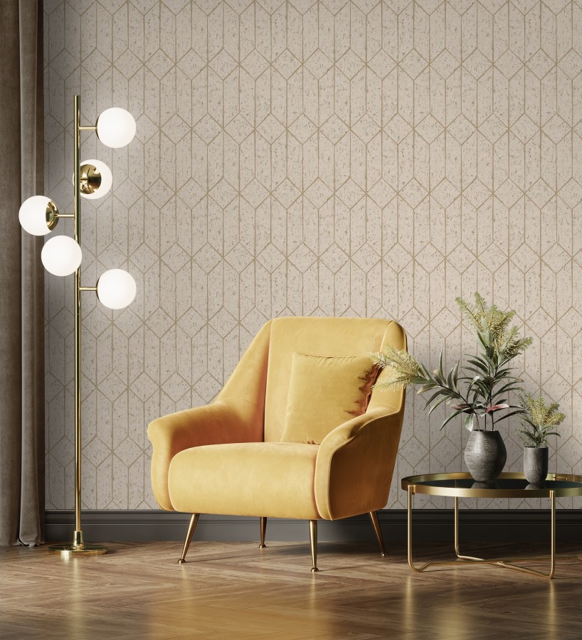 Papel pintado geométrico de líneas doradas fondo beige estilo Art déco  Ameka Metric 681819