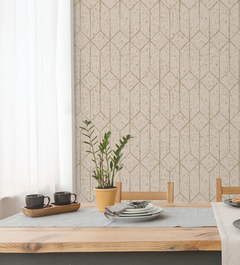 Papel pintado geométrico de líneas doradas fondo beige estilo Art déco  Ameka Metric 681819