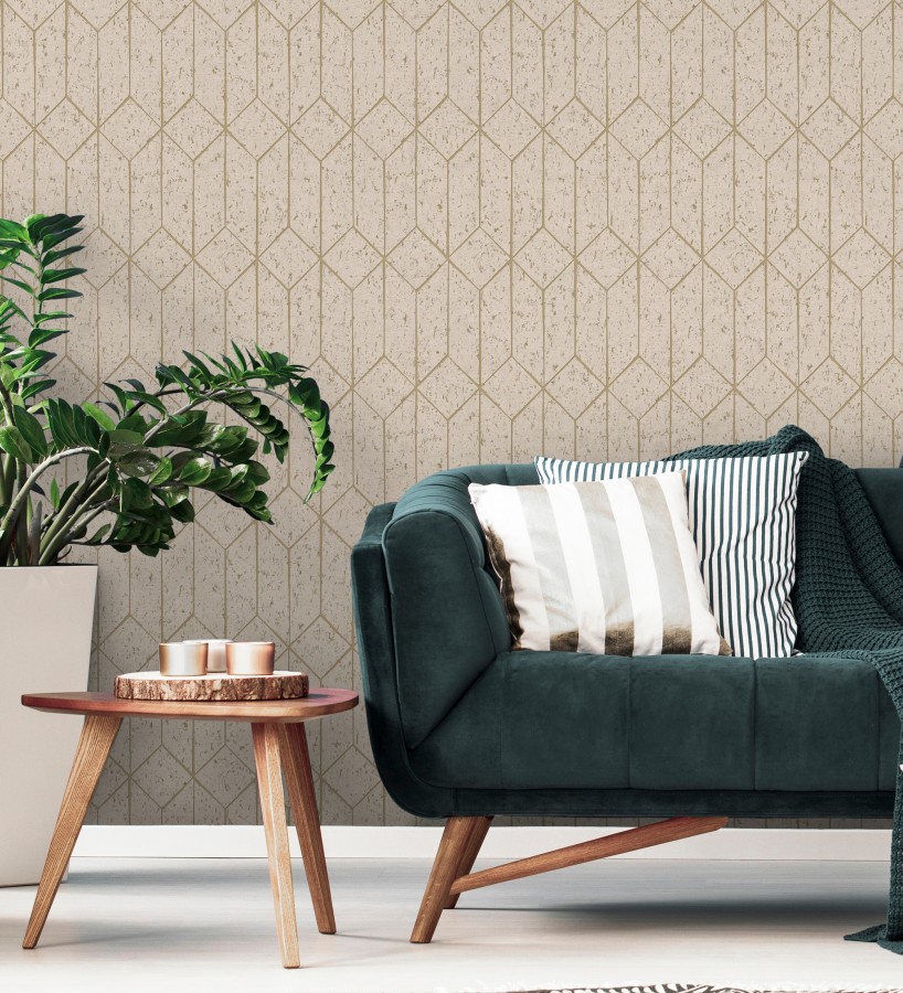 Papel pintado geométrico de líneas doradas fondo beige estilo Art déco  Ameka Metric 681819