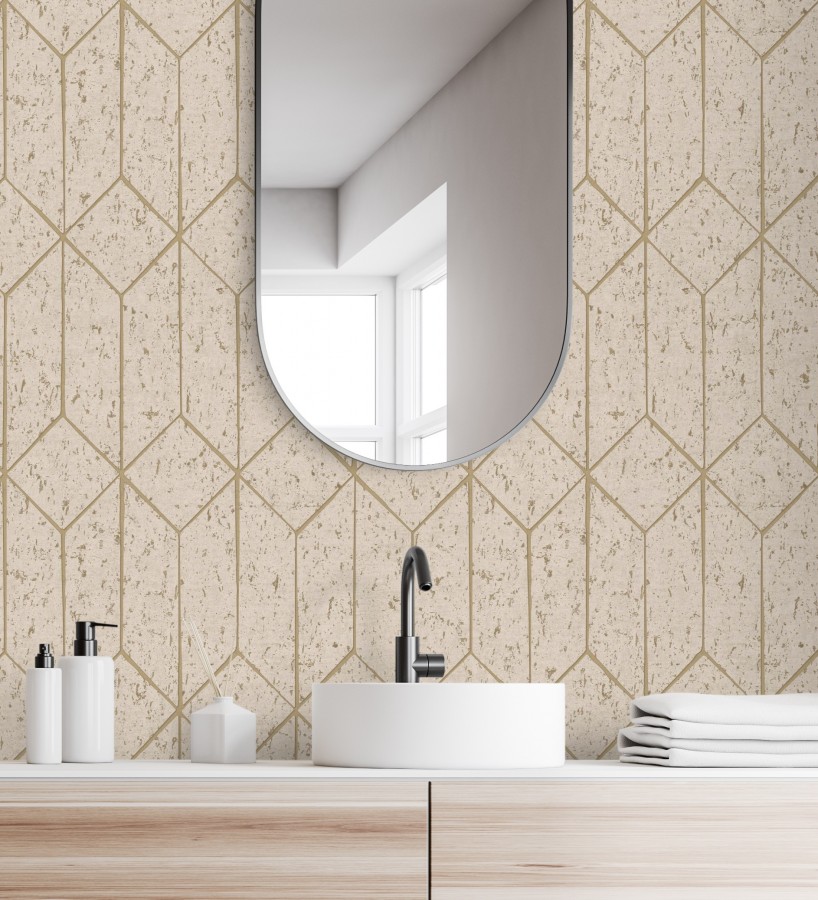 Papel pintado geométrico de líneas doradas fondo beige estilo Art déco  Ameka Metric 681819