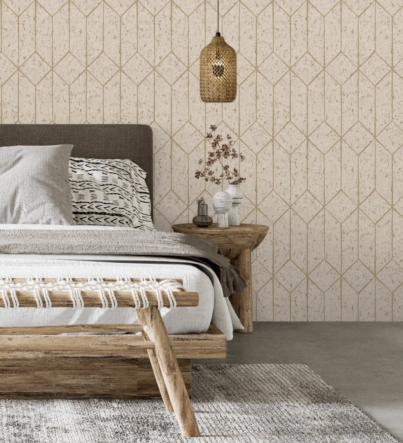 Papel pintado geométrico de líneas doradas fondo beige estilo Art déco  Ameka Metric 681819