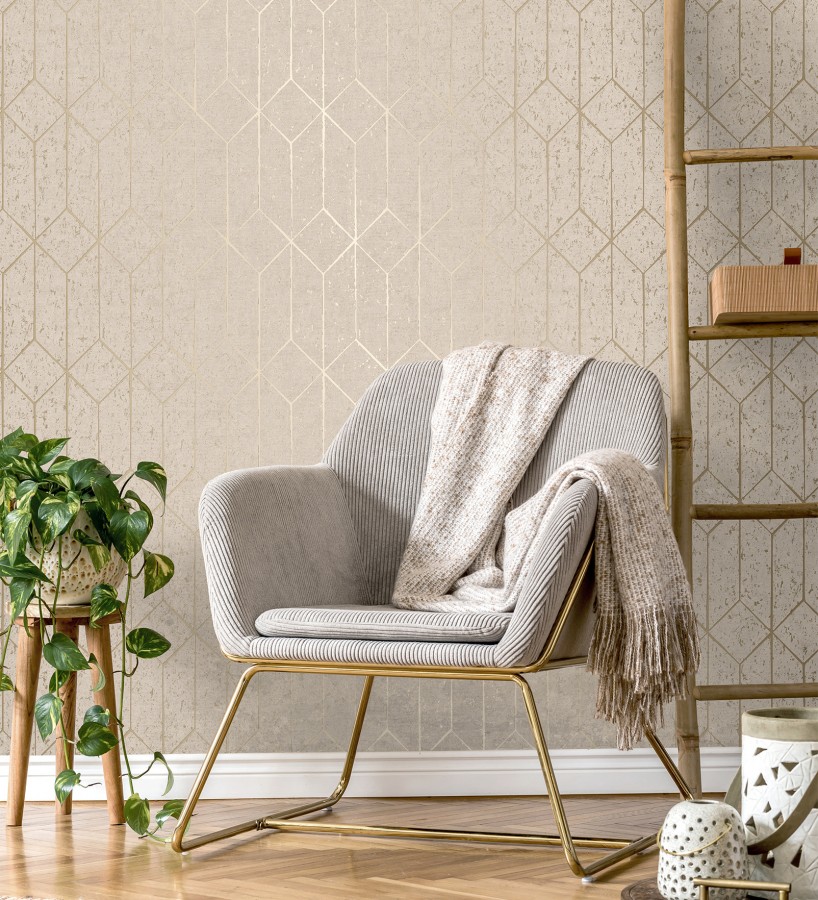 Papel pintado geométrico de líneas doradas fondo beige estilo Art déco  Ameka Metric 681819