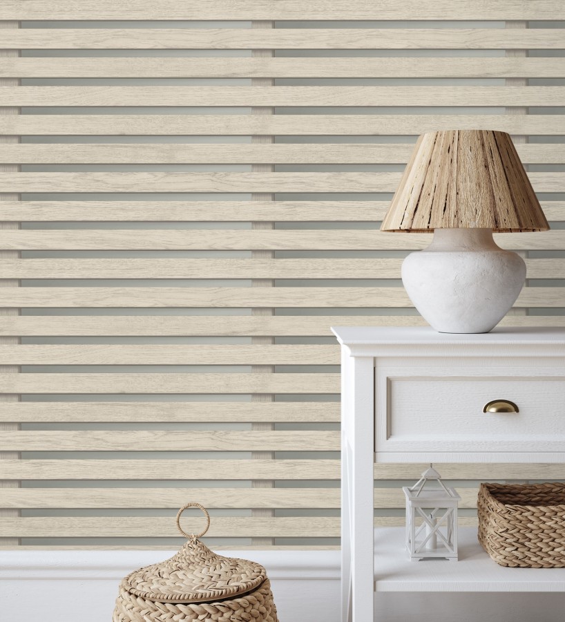 Papel pintado listones de madera natural en paneles fondo claro  Thabo 681959