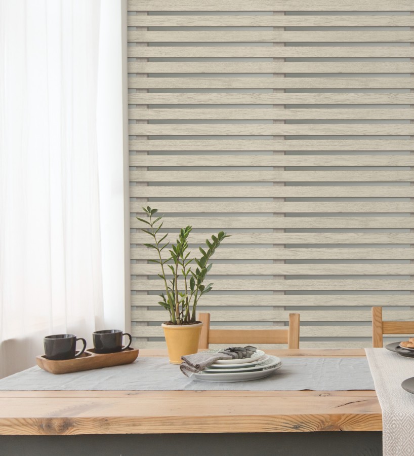 Papel pintado listones de madera natural en paneles fondo claro  Thabo 681959