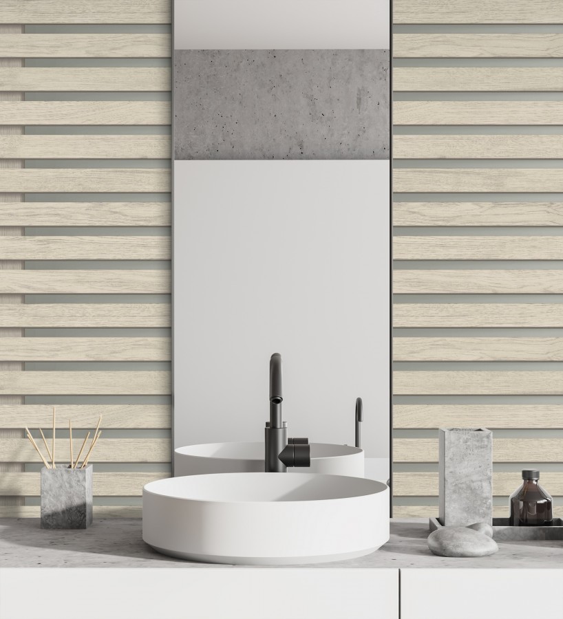 Papel pintado listones de madera natural en paneles fondo claro  Thabo 681959