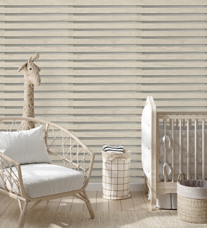 Papel pintado listones de madera natural en paneles fondo claro  Thabo 681959
