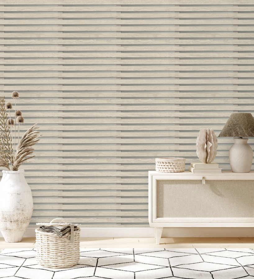 Papel pintado listones de madera natural en paneles fondo claro  Thabo 681959