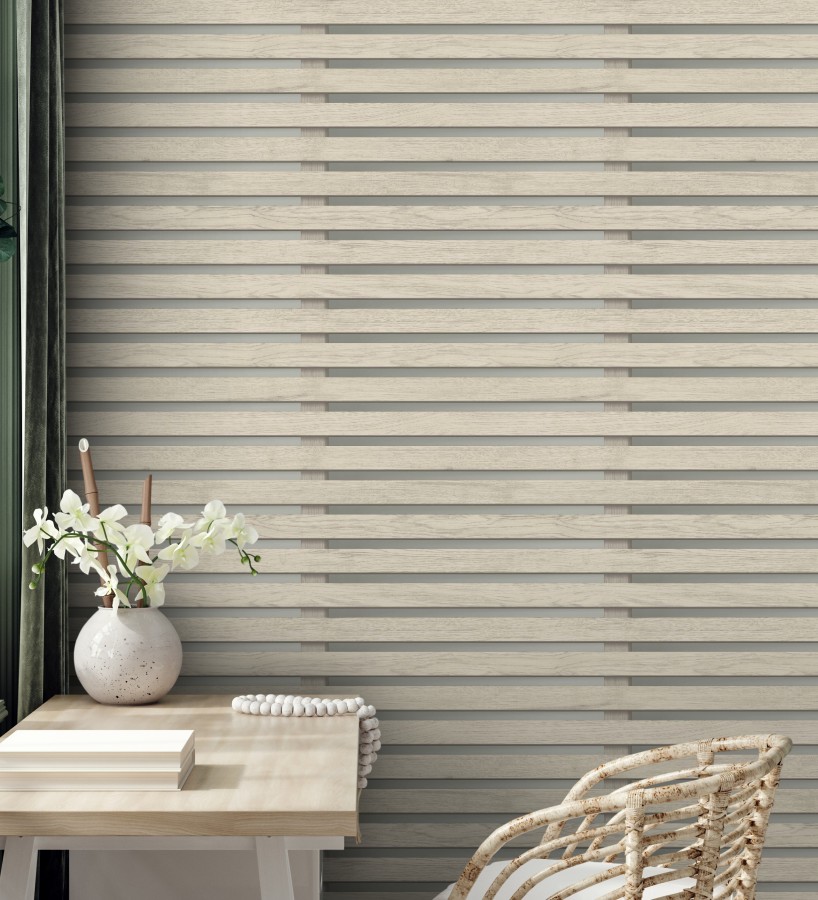 Papel pintado listones de madera natural en paneles fondo claro  Thabo 681959