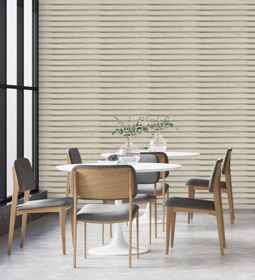 Papel pintado listones de madera natural en paneles fondo claro  Thabo 681959
