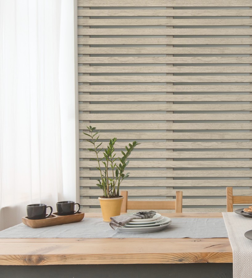 Papel pintado listones de madera natural en paneles fondo claro  Thabo 681959