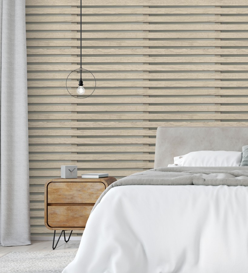 Papel pintado listones de madera natural en paneles fondo claro  Thabo 681959