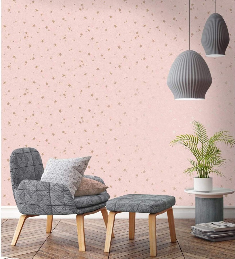 Papel pintado infantil de cielo rosa con estrellas doradas  Itzel 681984