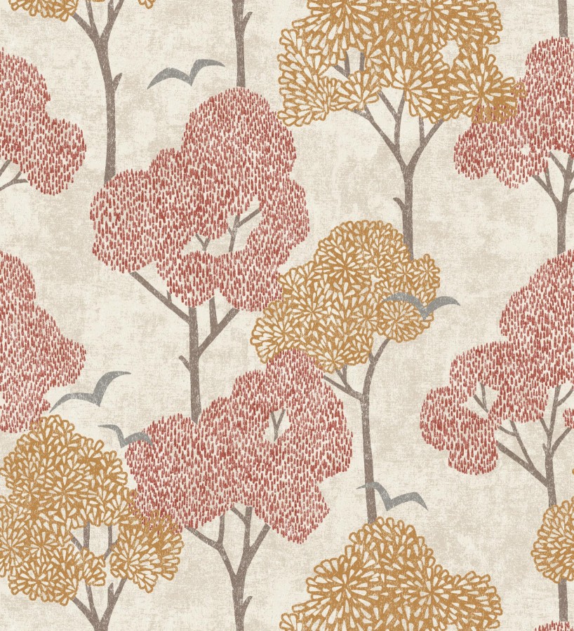 Papel pintado de árboles color coral y pájaros con efecto texturizado  Central Park 682081