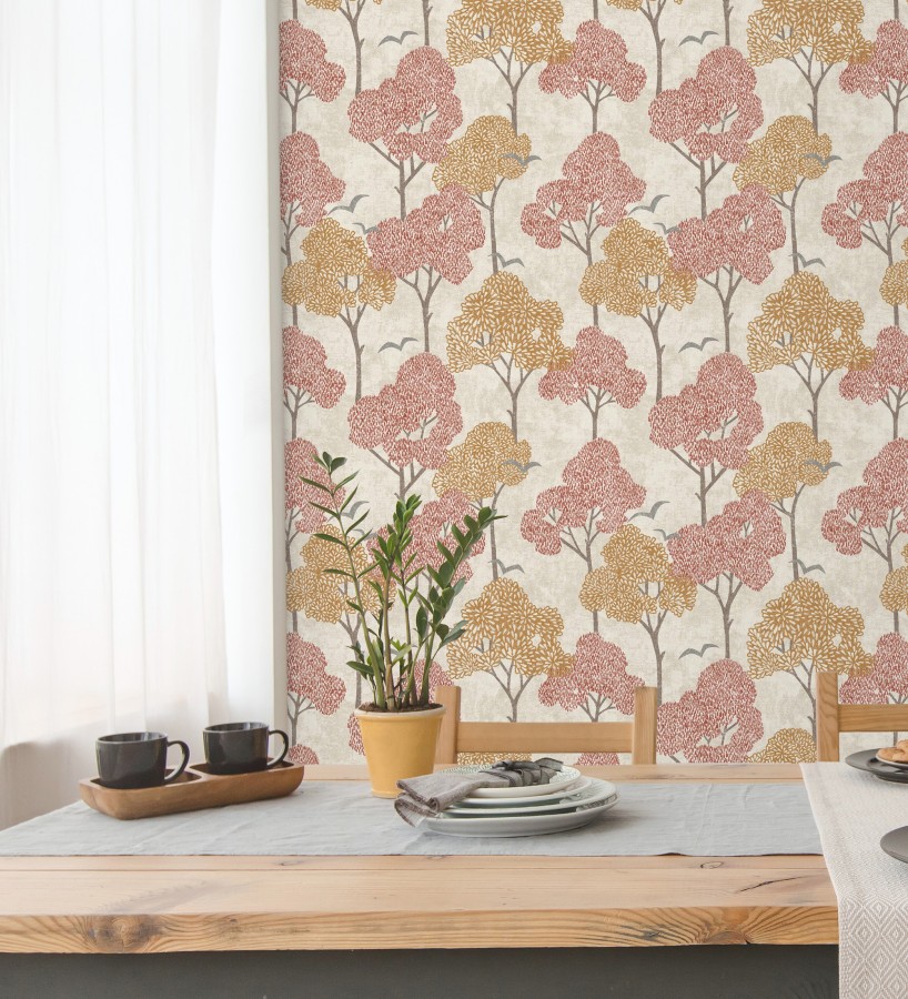 Papel pintado de árboles color coral y pájaros con efecto texturizado  Central Park 682081