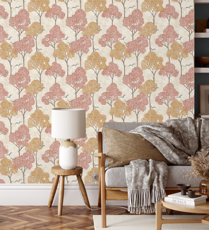 Papel pintado de árboles color coral y pájaros con efecto texturizado  Central Park 682081