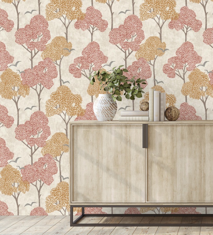 Papel pintado de árboles color coral y pájaros con efecto texturizado  Central Park 682081
