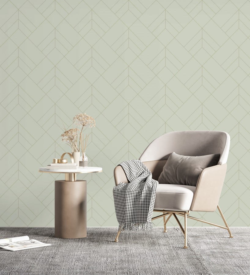 Papel pintado geométrico de rombos con líneas doradas fondo gris cálido estilo Art déco  Arnova 682082