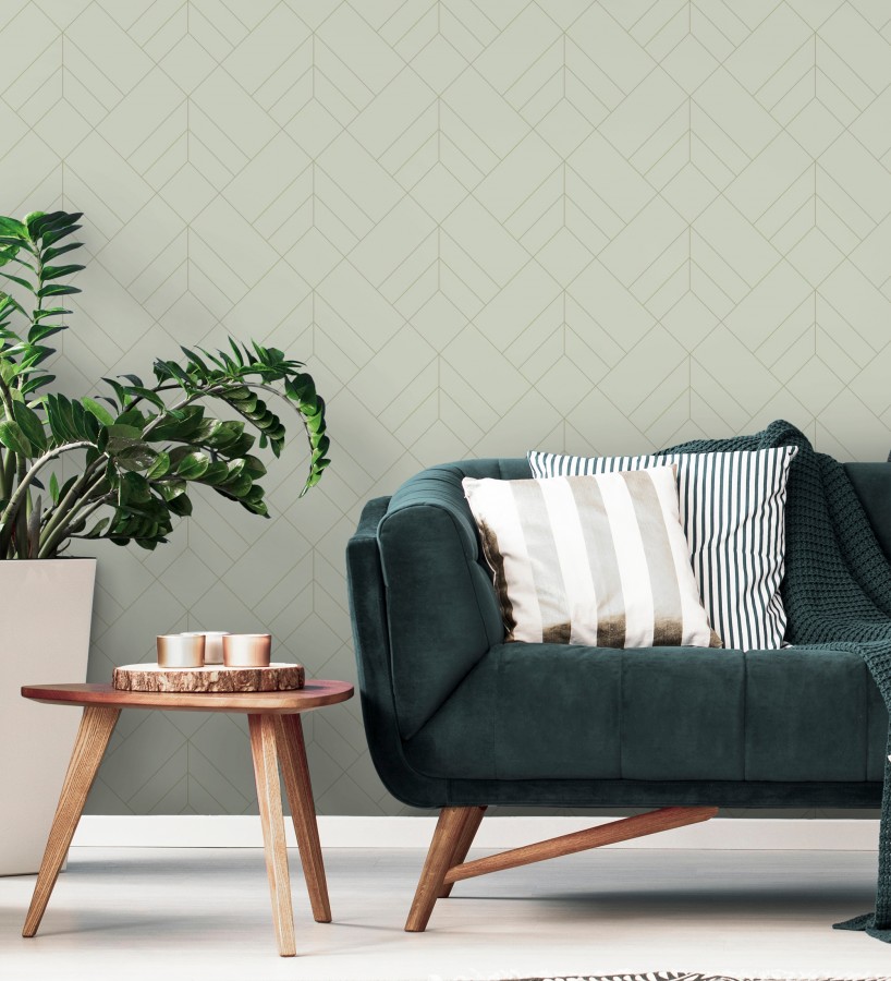 Papel pintado geométrico de rombos con líneas doradas fondo gris cálido estilo Art déco  Arnova 682082