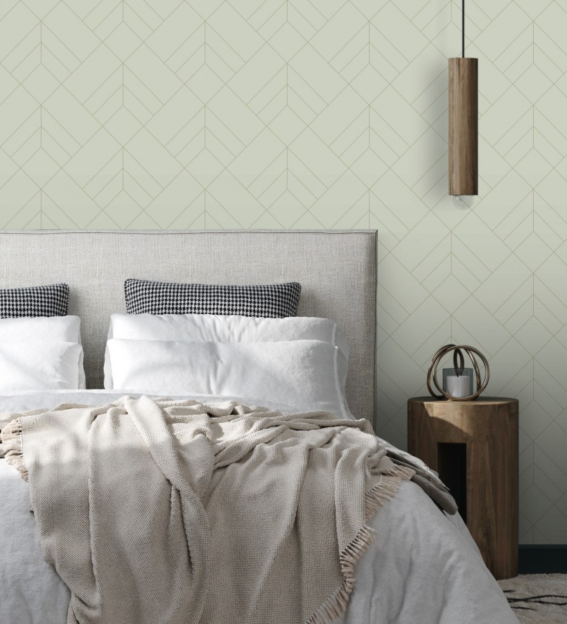Papel pintado geométrico de rombos con líneas doradas fondo gris cálido estilo Art déco  Arnova 682082