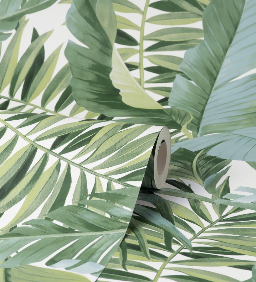 Papel pintado de hojas tropicales verde y blanco  Maldivas Tropical 682357