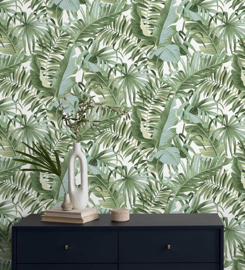 Papel pintado de hojas tropicales verde y blanco  Maldivas Tropical 682357