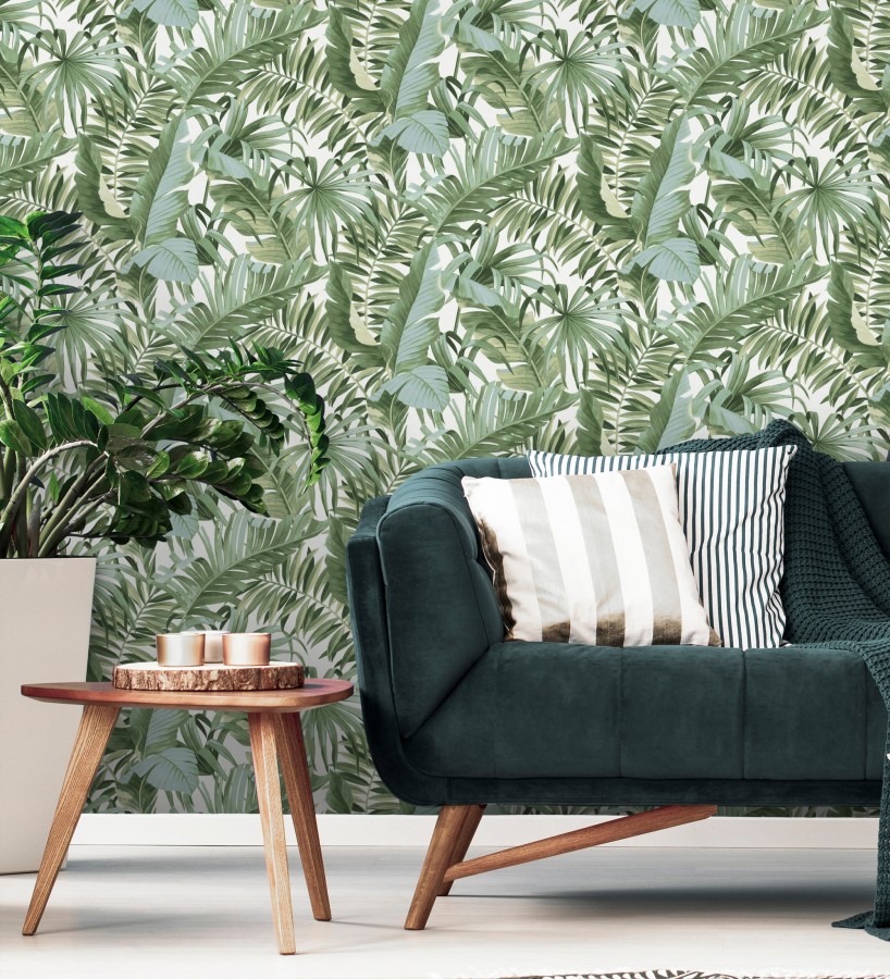 Papel pintado de hojas tropicales verde y blanco  Maldivas Tropical 682357